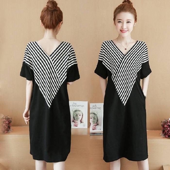 Women s V Neck Short Sleeve Midi Dress Loose Fit Mid Waist Casual Striped Patchwork Dress M