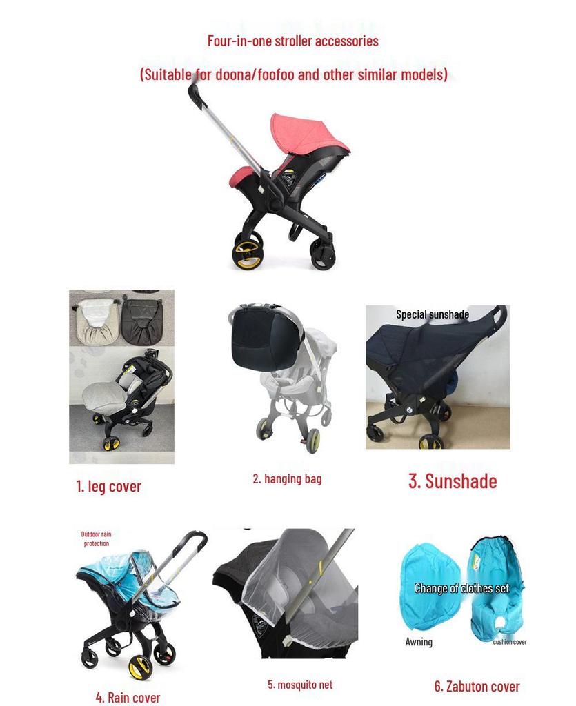 DOONA 4-in-1 Baby Carrier: Car Seat Cover, Rain Cover, Mosquito Net, Hanging Bag, Mummy Bag, Sunshade, Wheel Accessories.