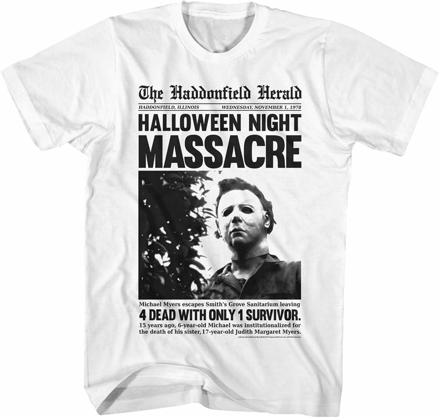 Halloween Haddonfield Herald Adult T Shirt XXL белый