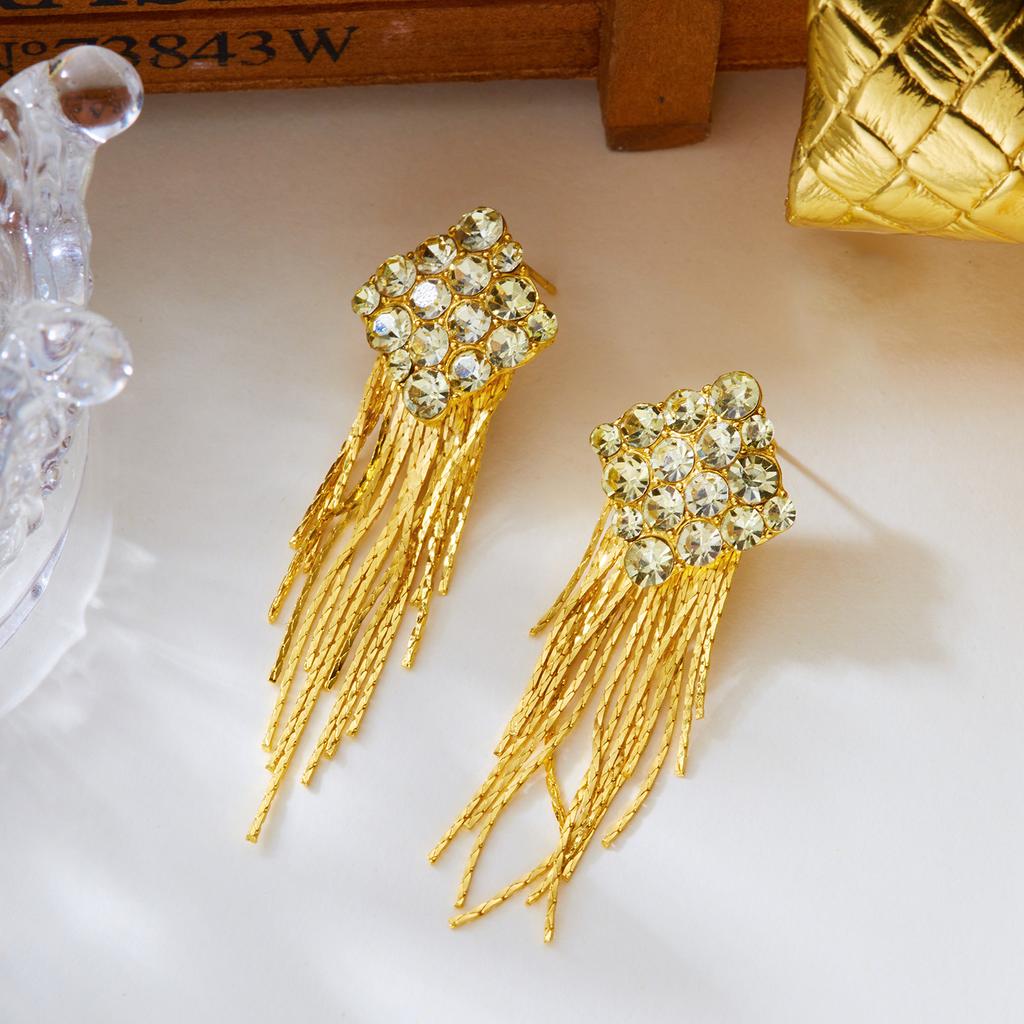 Luxury Shiny Rhinestone Long Tassel Dangle Earring for Women Gold Color Square Crystal Fringe Drop Earring Wedding Party Jewelry