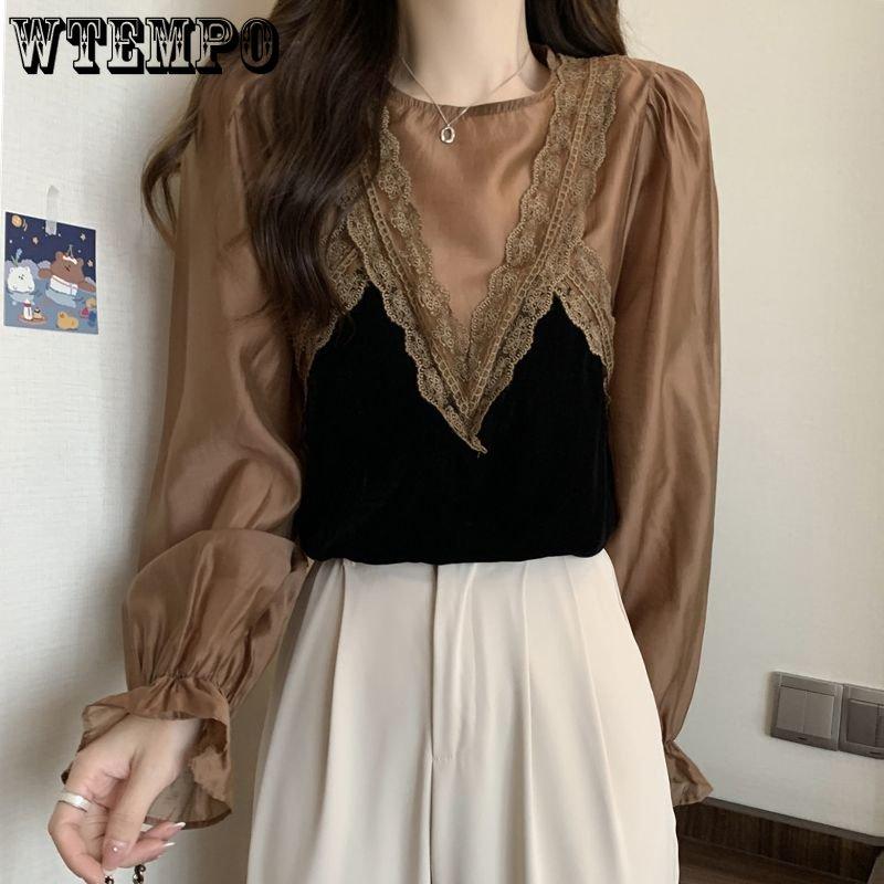 

Женские топы из двух предметов с длинными рукавами, женские весенне-осенние топы с большим кодом, корейская версия тонкой кружевной рубашки XXL хаки