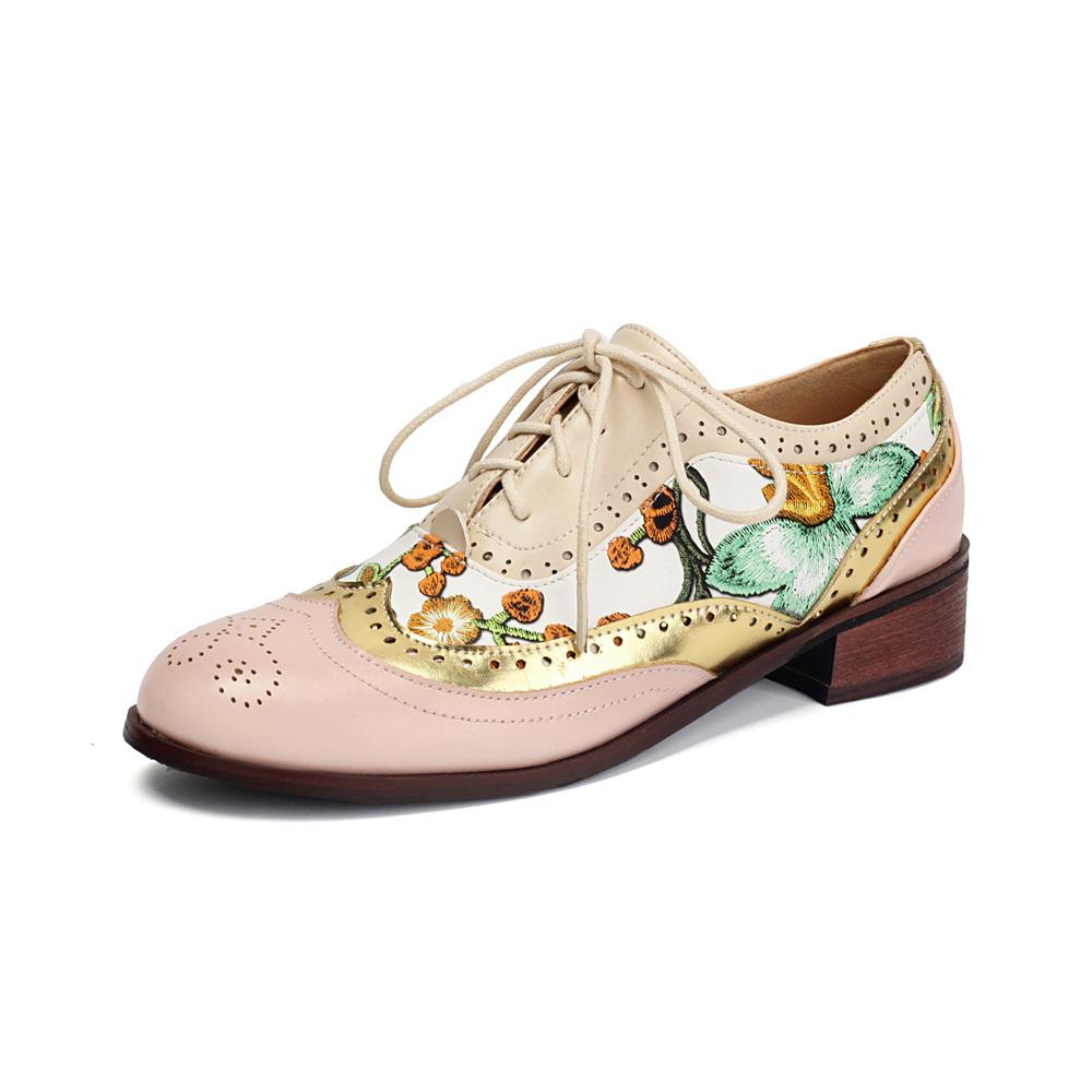 Big Size 43 Women's Vintage Shoes Square Mid Heel Lace-up Retro Floral Print Patchwork Office Lady Casual Shoes