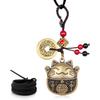 Lucky Cat Rearview Mirror Pendant with Five Emperors Feng Shui Co, Brass Maneki Neko Charm for Good Luck and Wealth, Tassel Hanging Decoration, Car