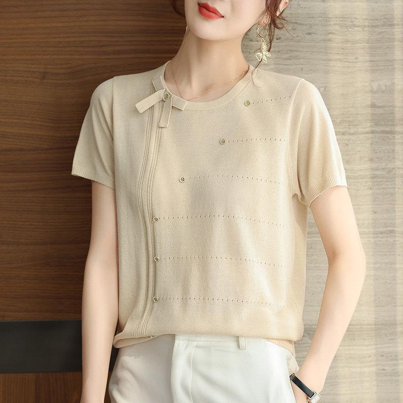 Tricou cu mânecă scurtă din mătase de gheață pentru femei Summer Mom Temperament Top Pulover tricot liber Tricou