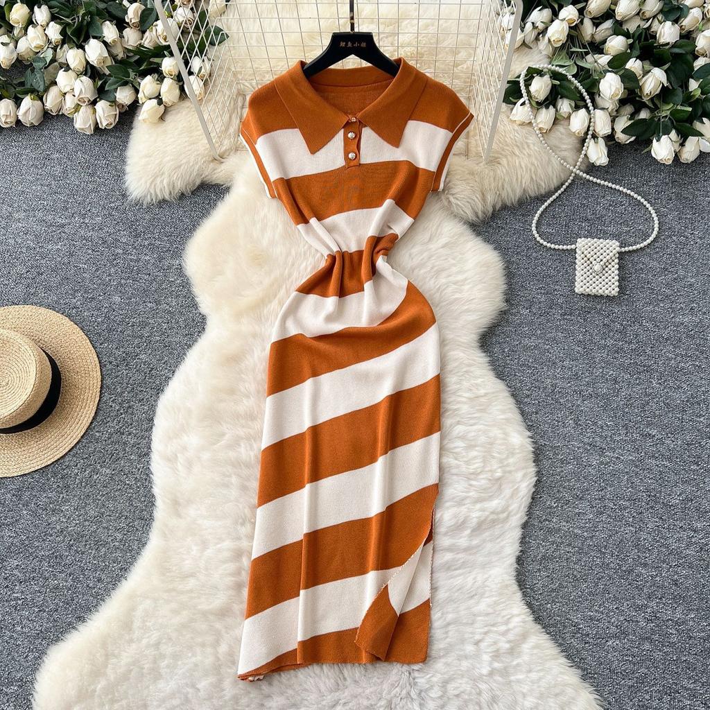 Niche Retro Fashion Polo Collar Short-sleeved Contrasting Striped Knitted Dress Women's Waist and Split-ended Sweater Skirt