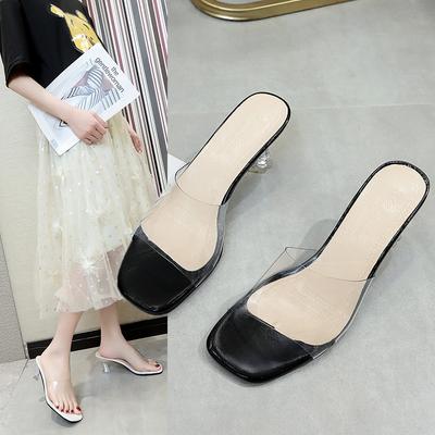Transparent Slippers Women's High Heels 2025 New Summer Niche Design Sense One Word with Crystal Thick Heel Sandals