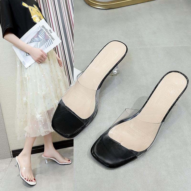 Transparent Slippers Women's High Heels 2025 New Summer Niche Design Sense One Word with Crystal Thick Heel Sandals