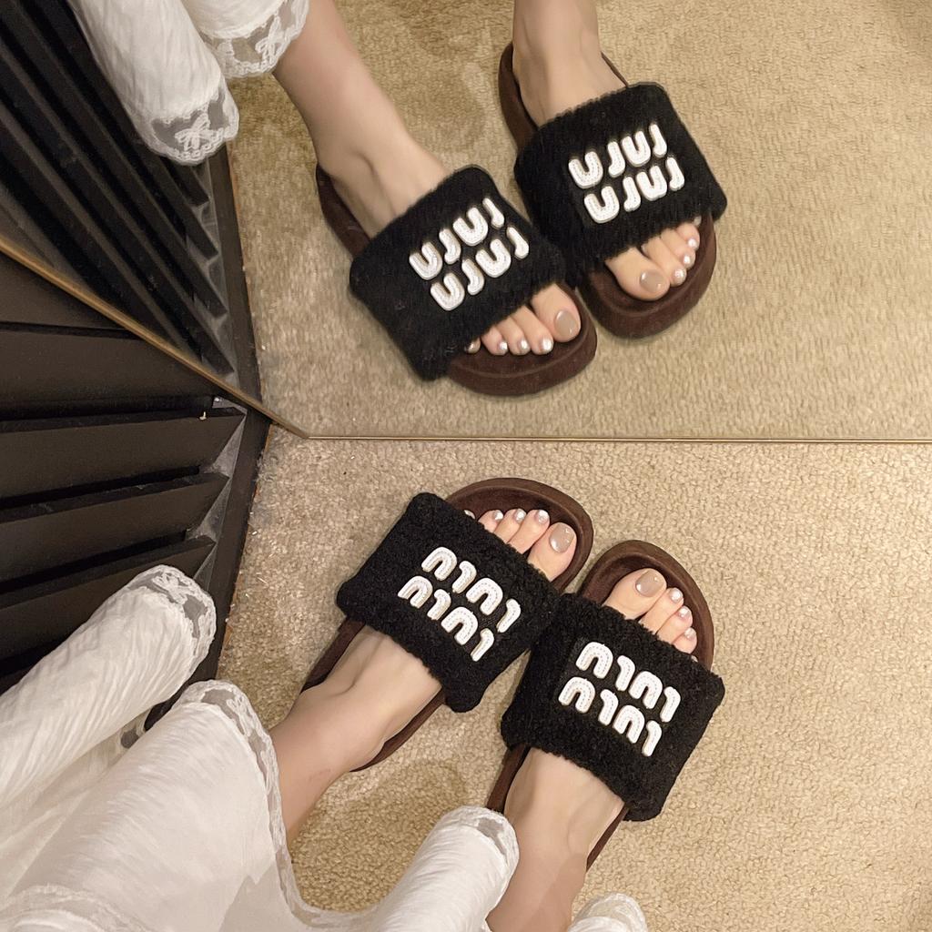 Thick Bottom Fluffy Slippers Women Wear 2025 New Autumn and Winter Lamb Fluffy Internet Celebrity Fashion Home Cotton Slippers