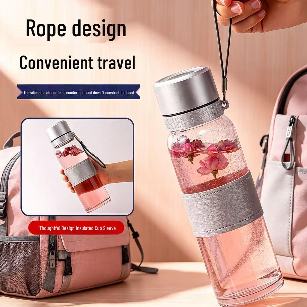 Portable Glass Water Bottle with Lanyard - Quick Open, Tea Separator, High-Capacity Borosilicate Glass