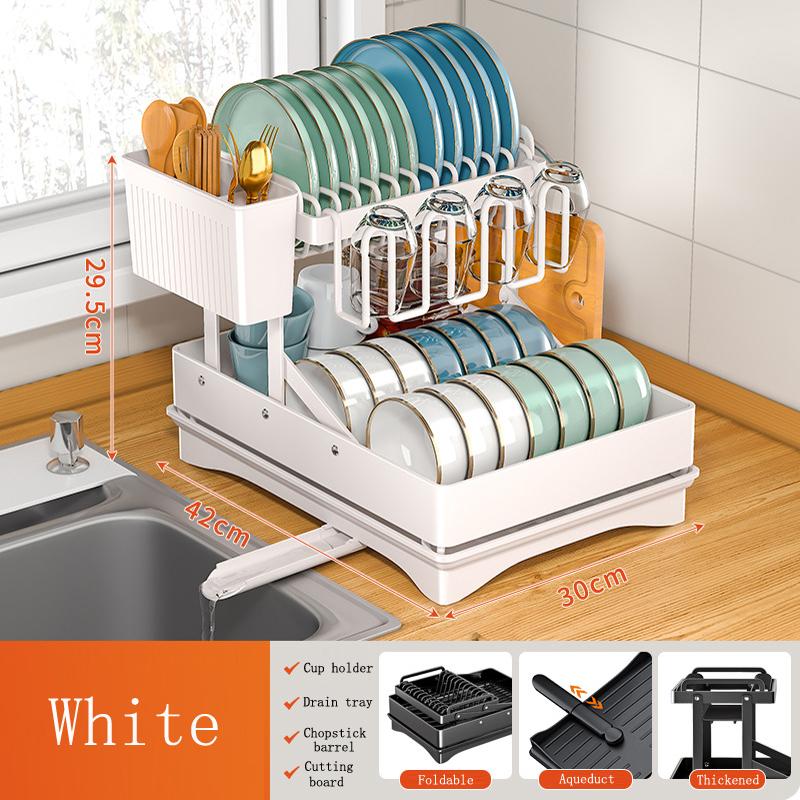 

Двухслойная сушилка для посуды на кухне, складная сушилка для мисок с корзиной для слива, органайзер для столовых приборов, палочек для еды и ножей