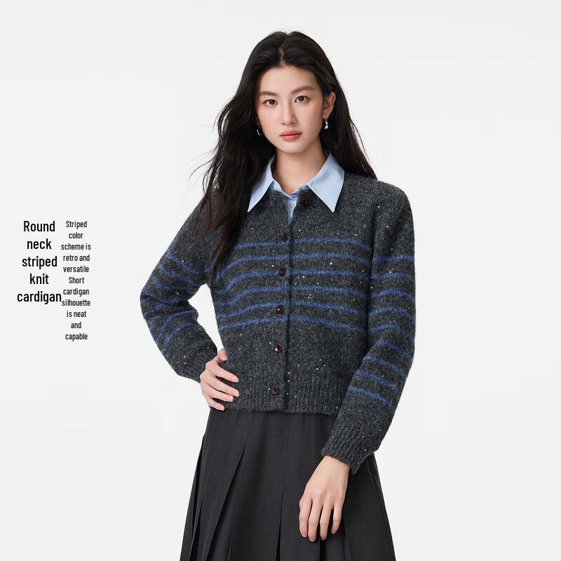 

FivePlus Women s Round Neck Striped Knit Cardigan One Size