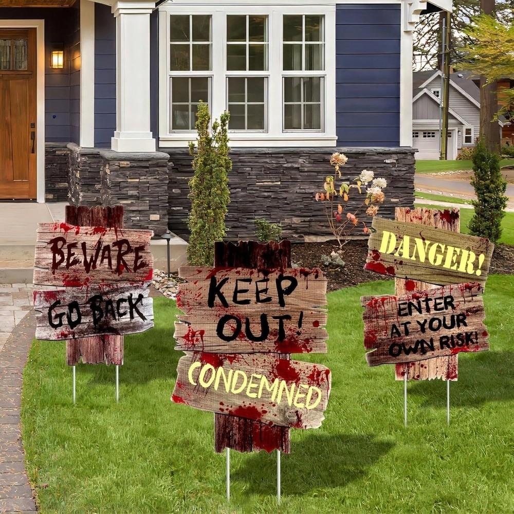 Plastic Material Halloween Warning Signs Vintage Style Thriller Haunted House Decorations Scary Theme Unique Yard Garden Signage
