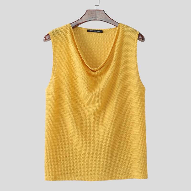 INCERUN Men Swing Collar Sleeveless Semi-Sheer Waffle Texture Fitted Tank Tops