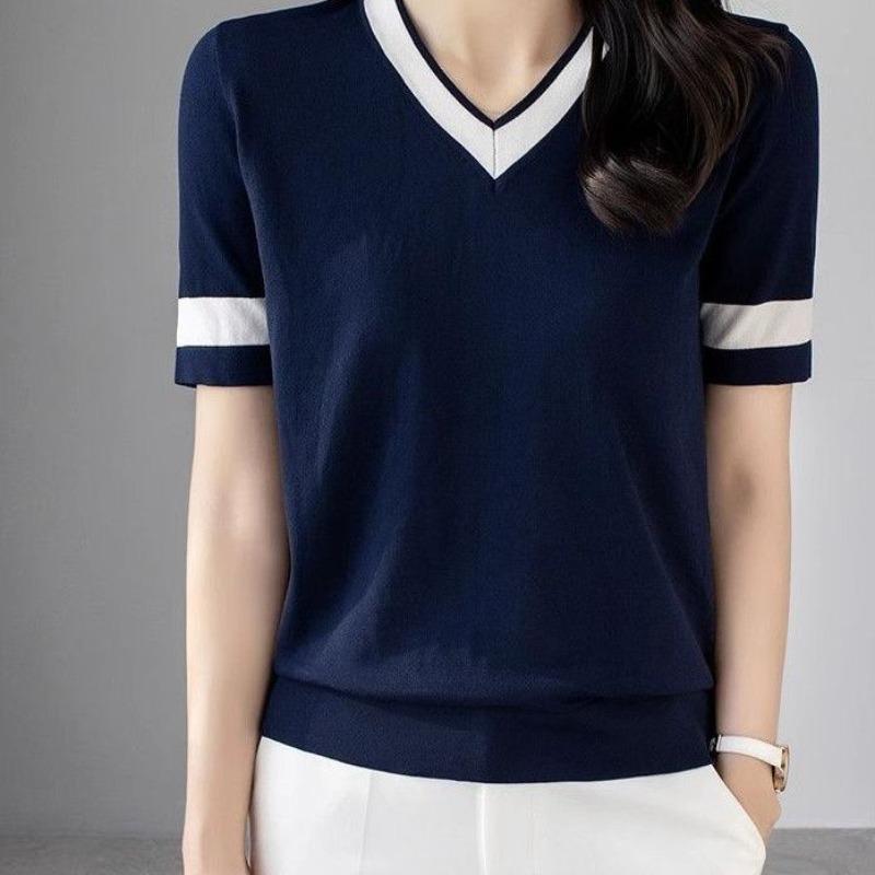 

Women s Korean-Style Slimming Versatile Fashion Knitted Top Loose Color-Block V-Neck Solid Color Short-Sleeve T-Shirt S королівський синій колір