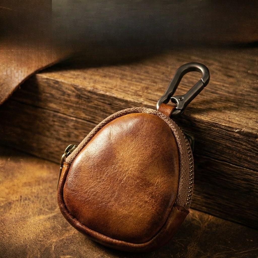 Handgefertigte, distressed Leder Schlüsselbörse - Ovaler Reißverschluss Münzbeutel mit Karabinerhaken, Handwerklich hergestellte Mini-Aufbewahrung für EDC-Gegenstände