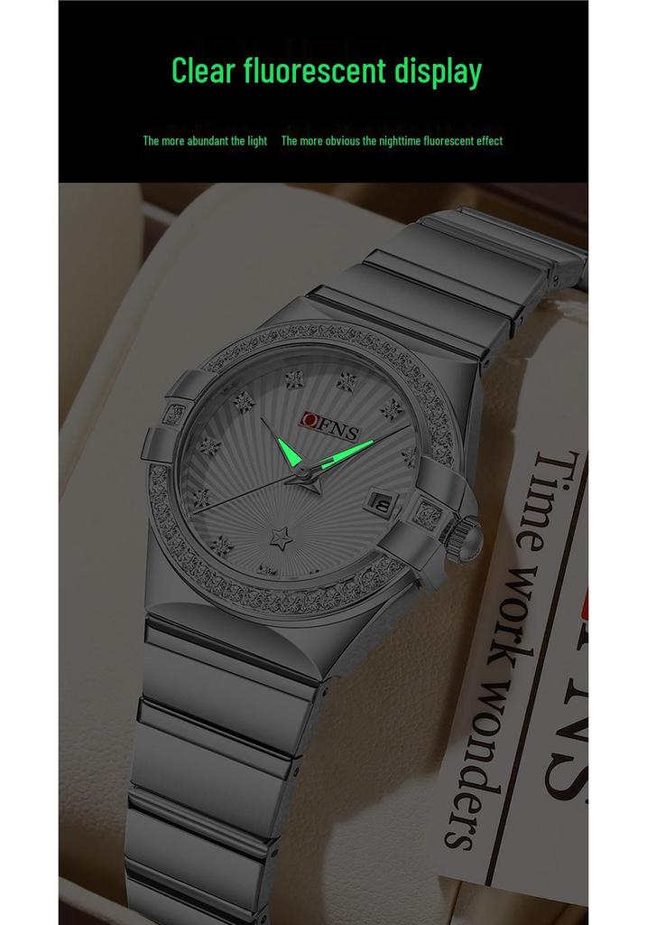 OFNS Women's Luxury Quartz Watch: Diamond-Inlaid Round Dial, Calendar, Waterproof, Luminous, Elegant Design.