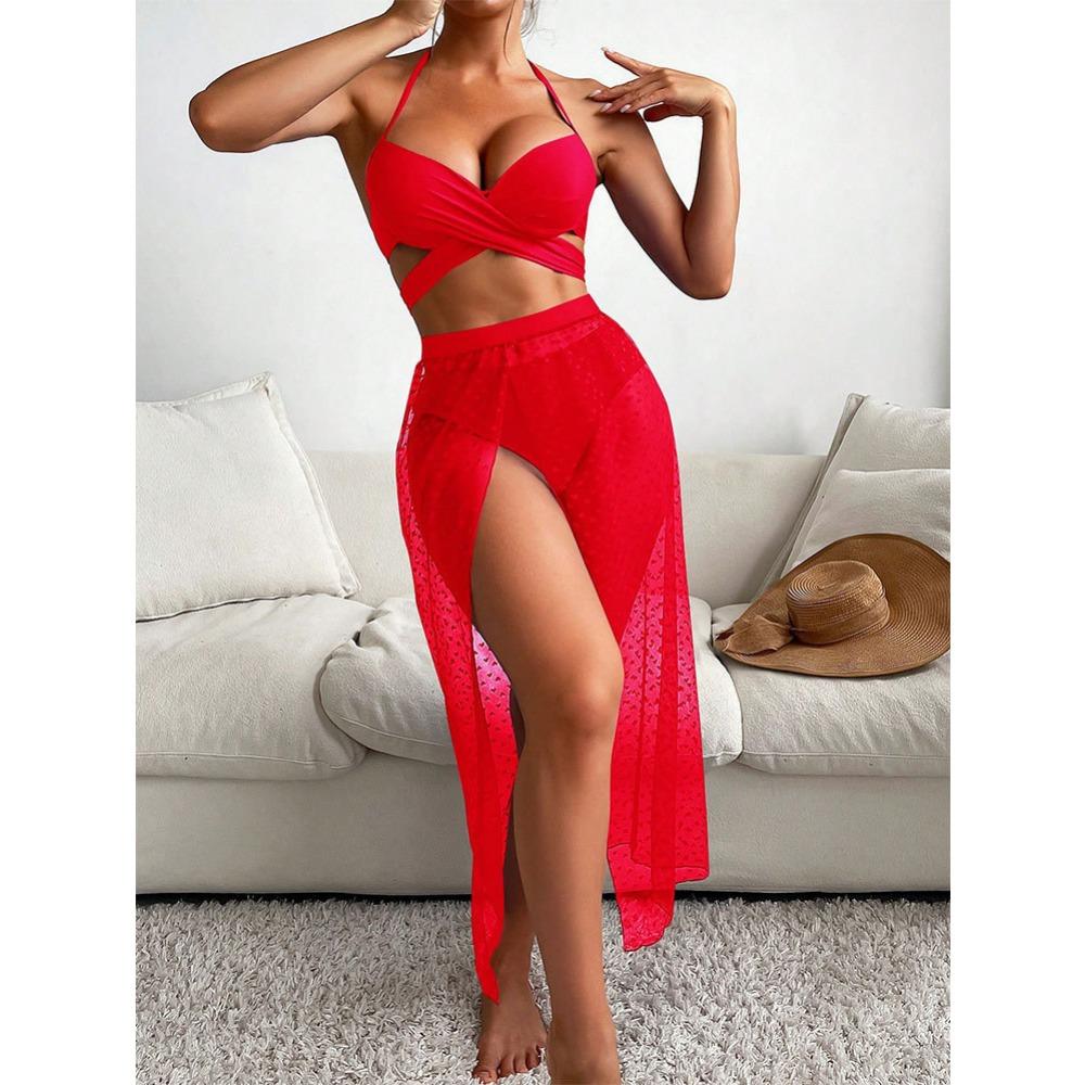 

Европейский и американский однотонный бикини сексуальная сетчатая юбка купальник из трех частей женский бикини пляжный купальник XL красный
