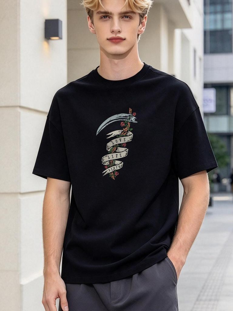 Gothic Sickle Print Casual Cotton Tees Unisex Loose Daily Streetwear Tops