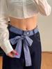 Women Bow Plaid Patchwork Jeans High Waist Dark Blue Loose Casual Wide Leg Y2K Denim Pants
