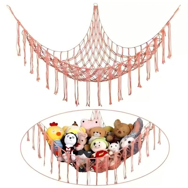 Boho Tassel Toy Hammock Wall Corner Hanging Storage Net Durable Cotton Woven Organizer for Kids Room Nursery Home Decor