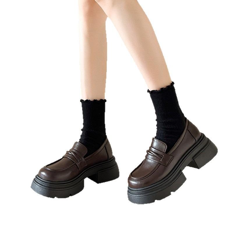 Black Big Head Thick Sole Small Leather Shoes Women's New Autumn One Pedal Thick Heel Increase