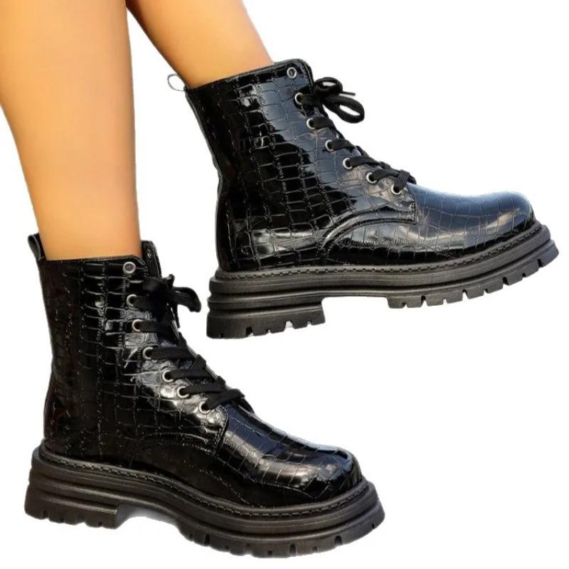 Women's  Fall Embossed High Top Boots British Motorcycle Style Lace Up Leather Mid Calf Shoes Chunky Sole Comfortable