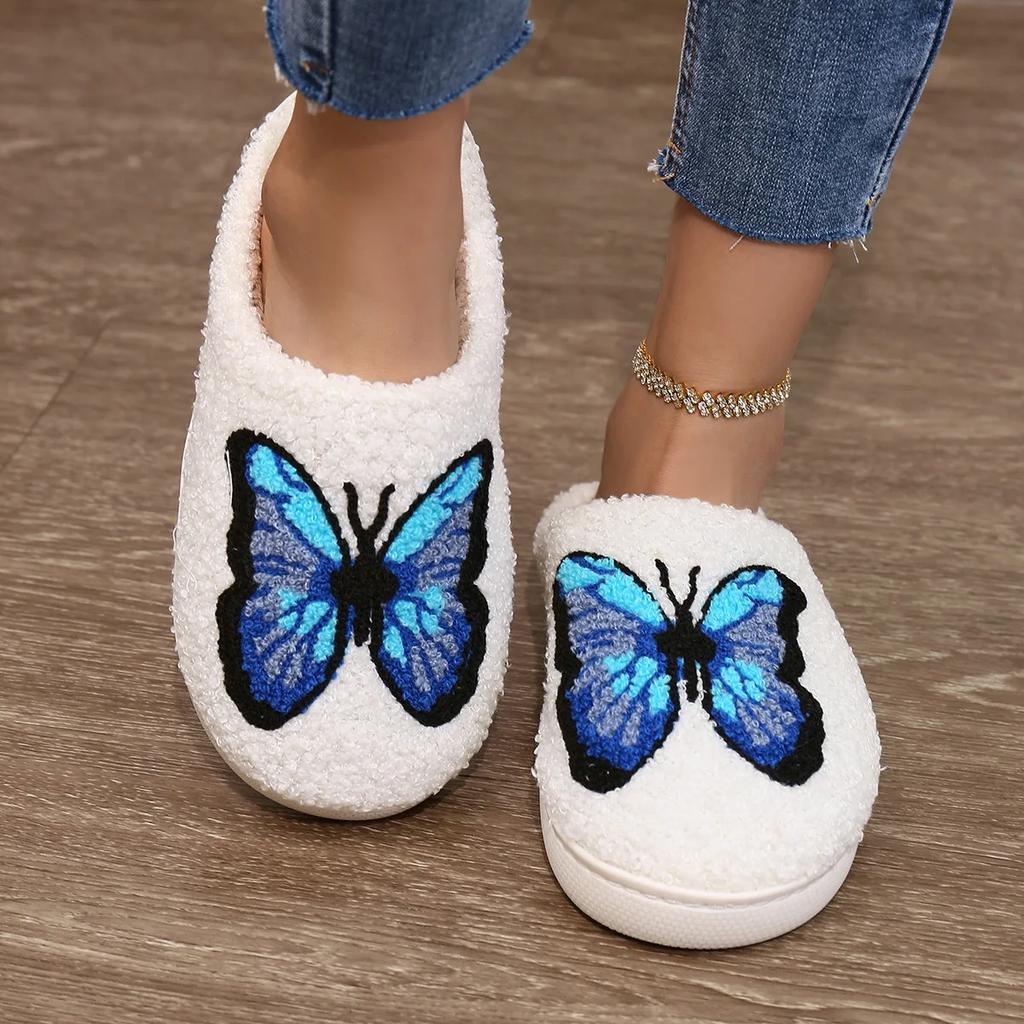 Fashion Cartoon Butterfly Print Home Slippers Women Winter Plush Warm Soft Sole Cotton Shoes Woman Comfort Non Slip Flat Indoor Slippers
