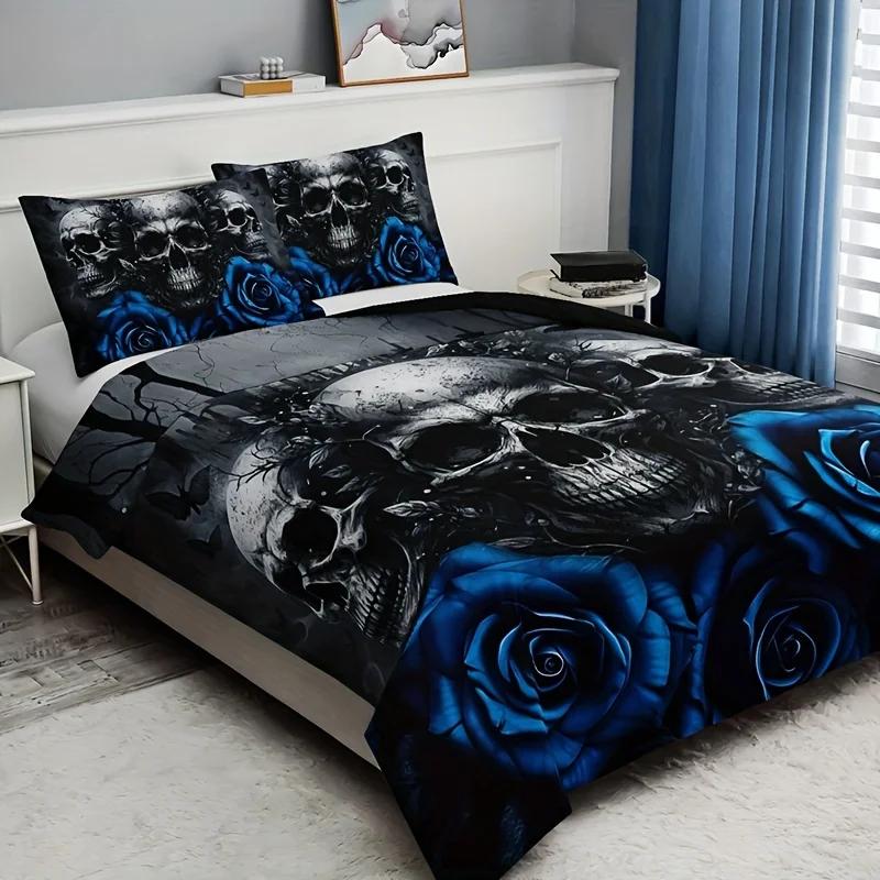 Fashion Blue Rose Skull Print Duvet Cover Soft Comfortable Bedding Set For Bedroom (1*Duvet Cover+2*Pillowcase) For Halloween