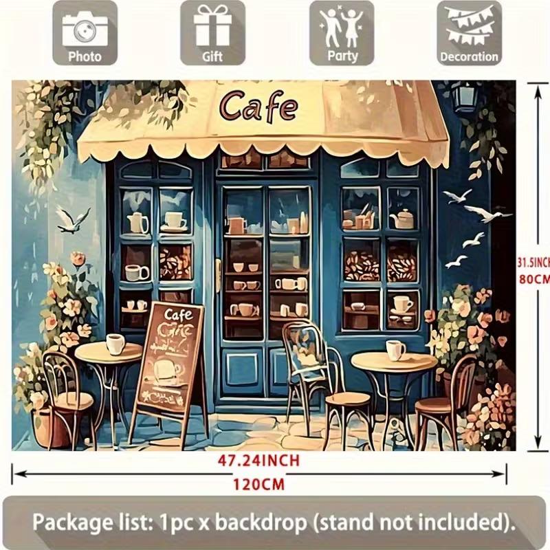 2D French Cafe Backdrop, Vintage Coffee Shop Photography Background Banner