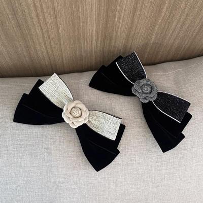 French Retro Black Velvet Bow Hair Clip For Women'S Back Of The Head Hairpin Sweet Camellia Flower Bow Headwear Hair Accessory