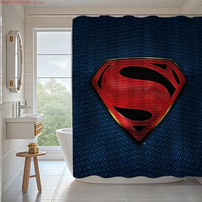Superman Logo Blue Textured Waterproof Shower Curtain For Superhero Bathroom Decor