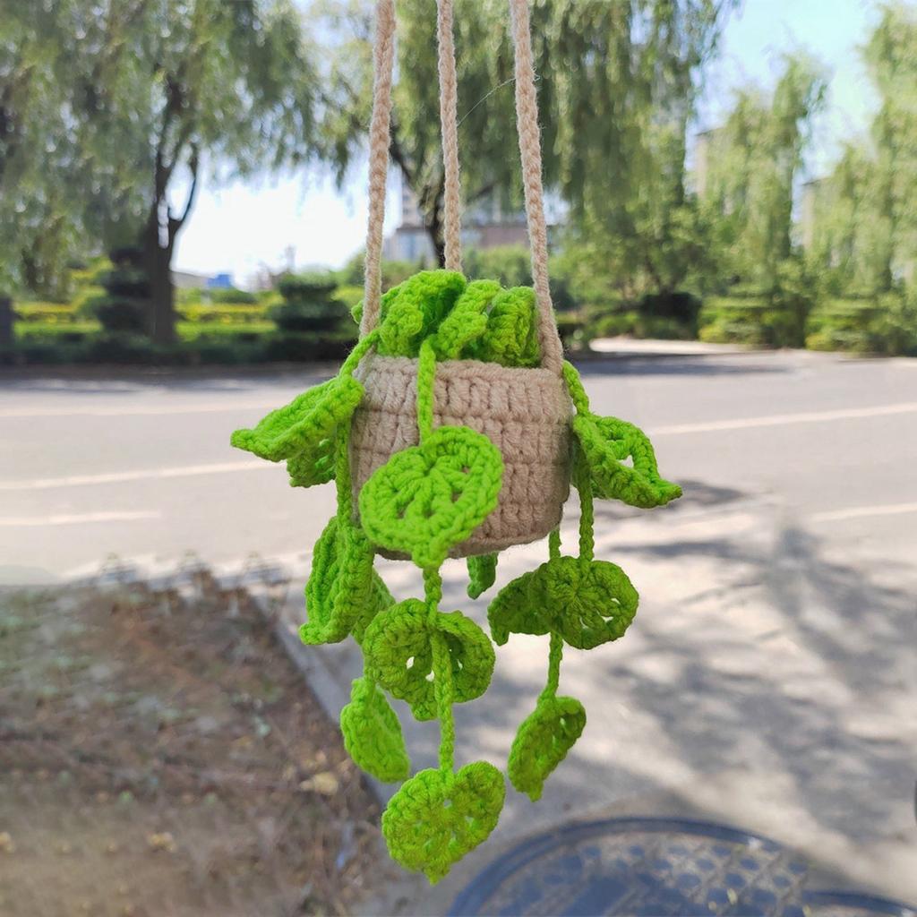 Boho Car Plant Crochet Hanging Basket Ornaments Hand Knitting Potted Hanging Plant Rear View Mirror Pendants Car Decoration