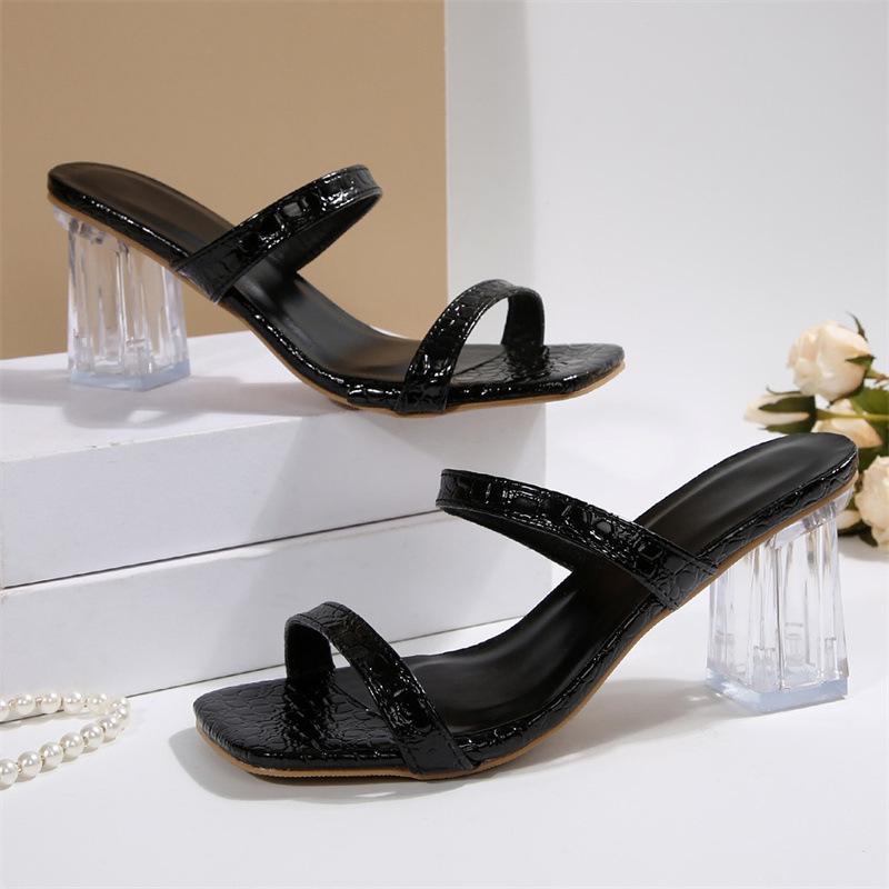 Foreign trade large size one-word with thick heel square head slippers female sexy embossed pattern double with high heel fashion cool slippers