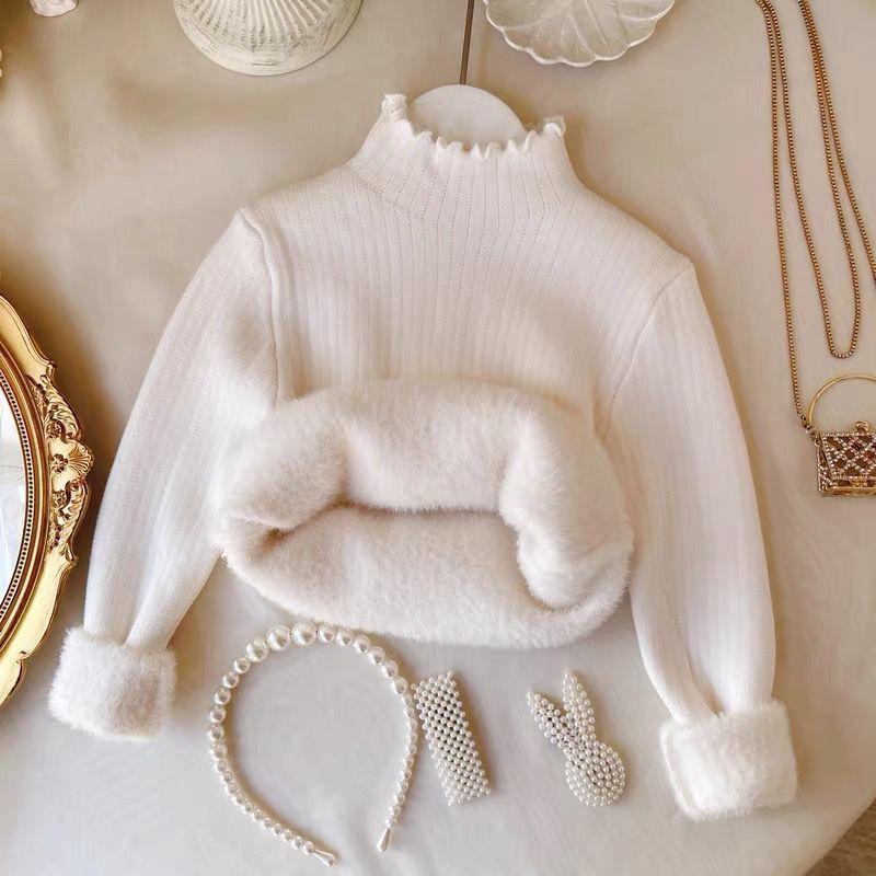 

Girls One-Piece Fleece Sweater, High Collar, Thickened Base Layer for Autumn/Winter 2025 90 - Height 80-90cm білий/вершковий