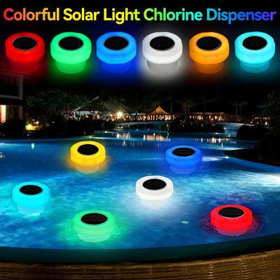 Distributeur de chlore flottant solaire pour piscine Flotteur de chlore pour piscine Distributeur de tablettes de brome avec lumière colorée pour piscine Spa