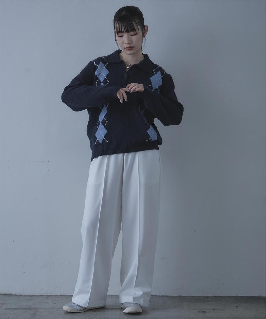 miette Collared Argyle Knit REW18109 Free Size Navy Women's