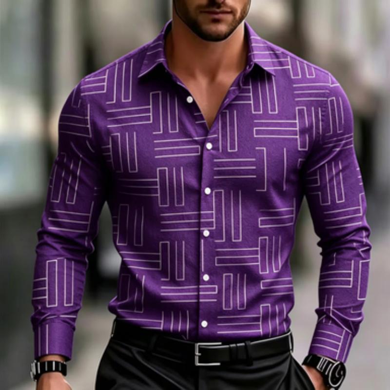 Men's Casual Geometric Lines with Digital Printing, Men's Long Sleeved Shirt, Fitted Version, Lapel Shirt, Trendy and Creative