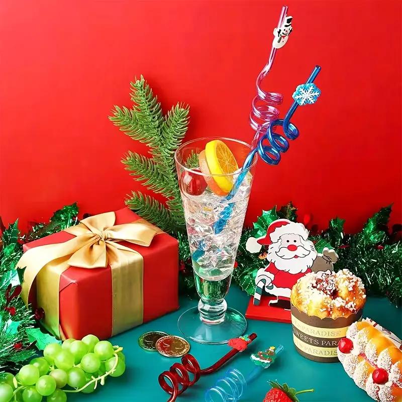 10-30PCS Christmas Party Straws Pvc Cartoon Santa Claus Snowman Personalized Straws Holiday Party Decoration Recyclable Straws