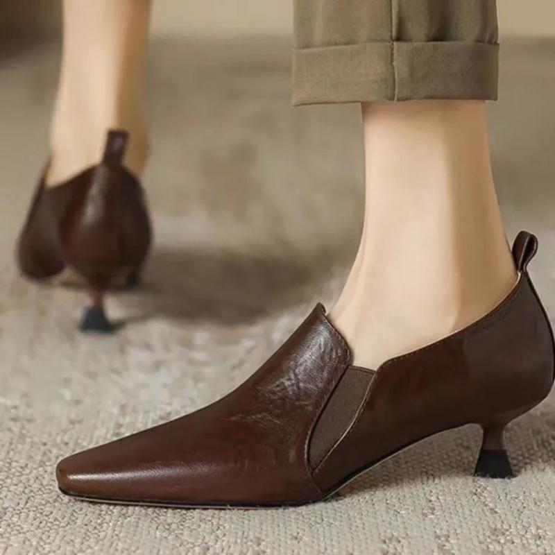 French Style Temperament Low-heeled Shoes Women's New Leather Pointed High Heel Pumps Retro Chunky Office Daily Footwears