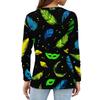 Women's Fashionable Carnival Print Round Neck Long Sleeve Top With Slit Hem