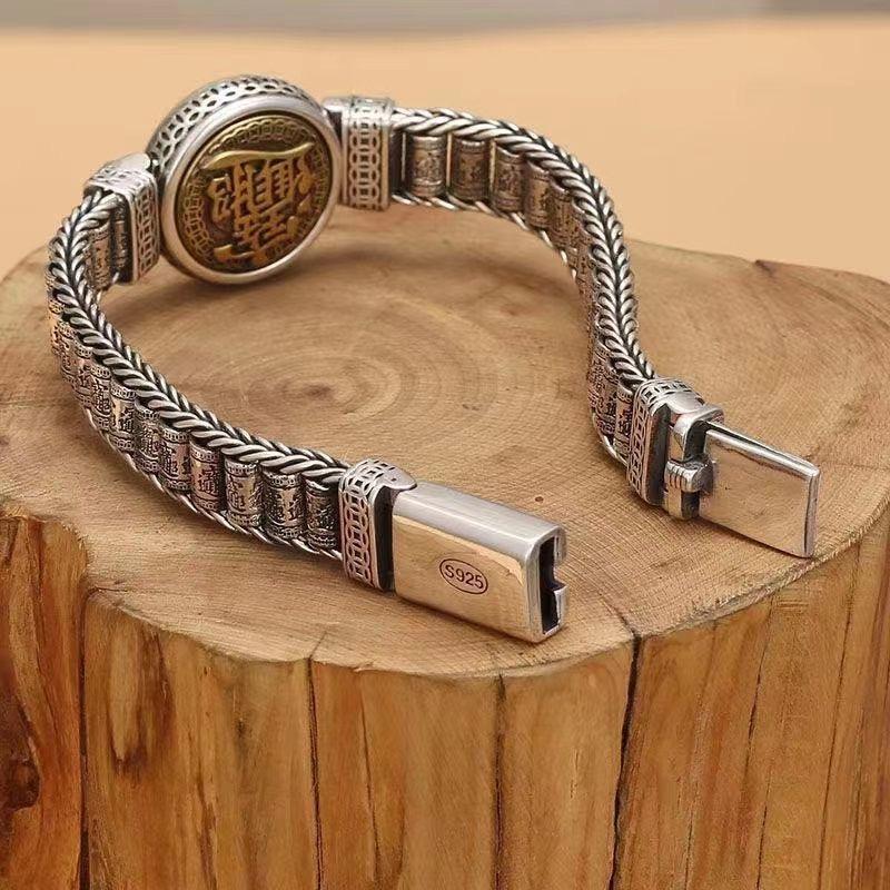 925 Sterling Silver Retro Creative Passepartout Prayer Wheel Bracelet Men's Transfer Beads Six-Character Mantra Jewelry Gift
