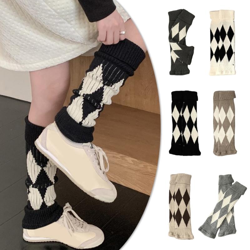 Argyle Pattern Wool Knitted Turn Cuffs Leg Warmers for Women and Students Cold Weather Foot Covers Footless Calf Socks