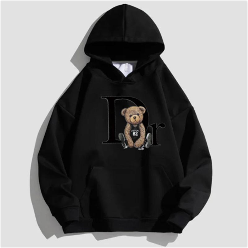 Women's Fleece-Lined Teddy Bear Print Hoodie with Kangaroo Pocket