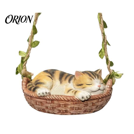 Pastoral Style Gardening Decoration Hanging Basket Cat Statue, Cute Sleeping Kitten Figurine, Animal Sculpture for Patio Resin Ornament Outdoor Garden