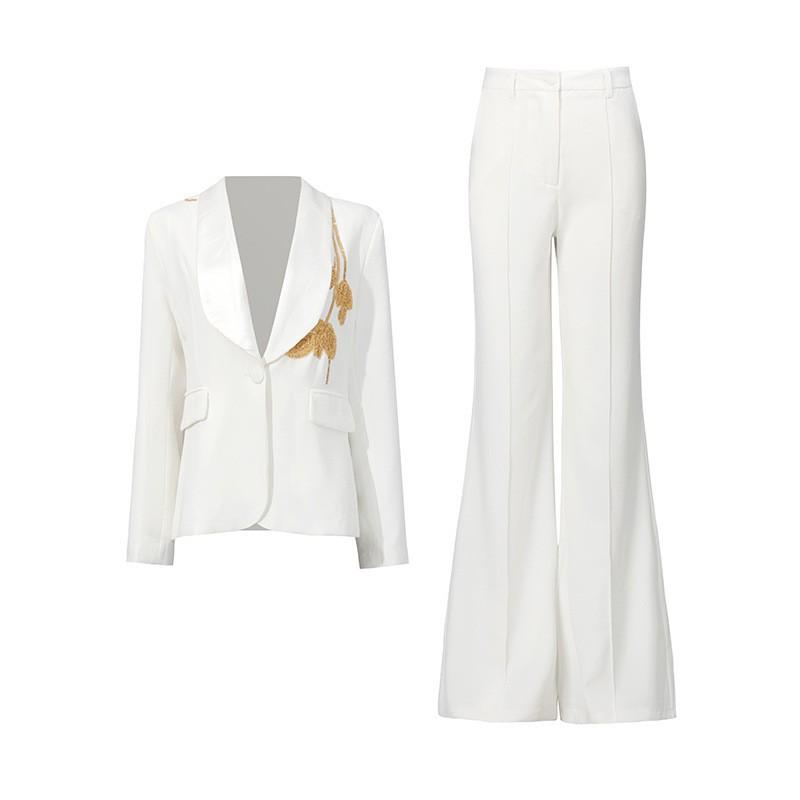 Fashionable Temperament Suit Heavy Industry Beaded Design Slim Coat High-rise Straight Flared Trousers