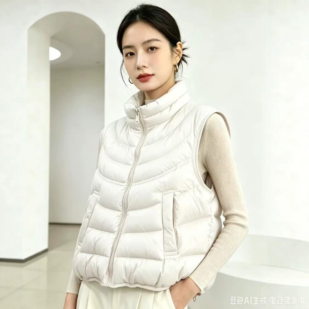New Ribs Hooded Down Vest Fashion Pressing Line Design White Duck Down Light Vest Women's Vest Winter