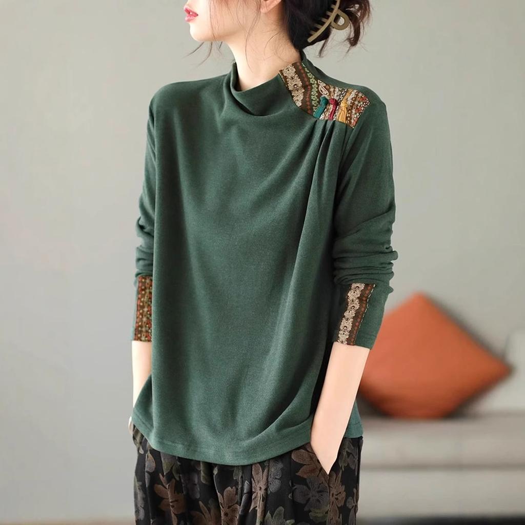 Double-sided Fleece Pullover Top Text Women's Art Retro Ethnic Style Patch Base Shirt Long-sleeved Button T-shirt