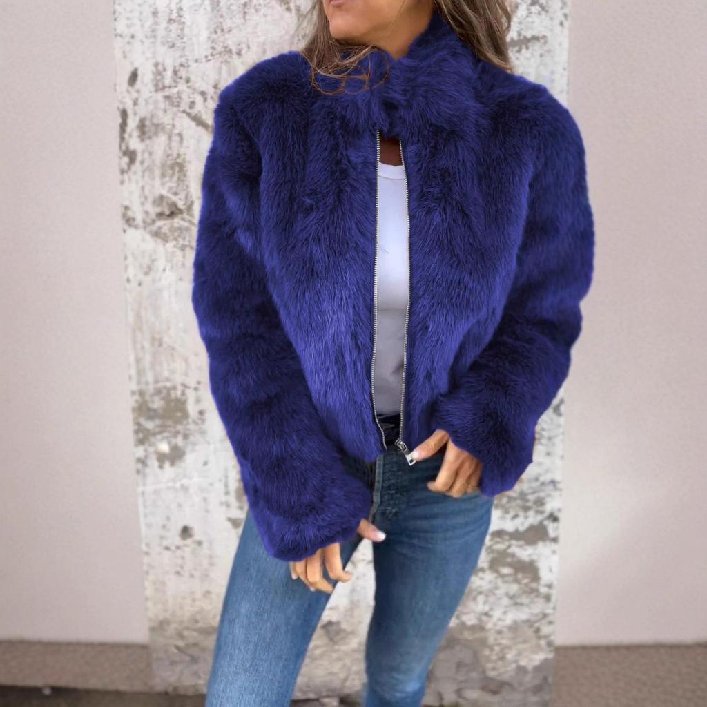 Women's Fall/Winter Imitation Fur High-Neck Zipper Casual Top Jacket
