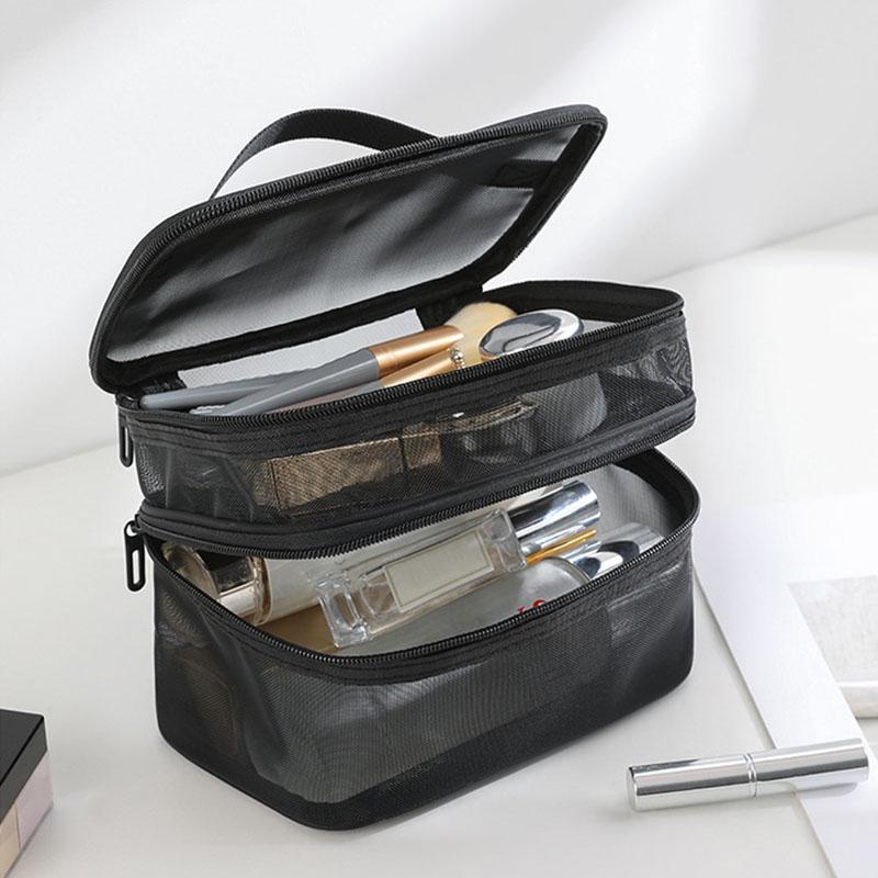 Double Layer Cosmetic Bag, Large Portable Mesh Travel Cosmetic Bag, with Double Zipper Makeup Brush Multifunctional Toiletry Bag