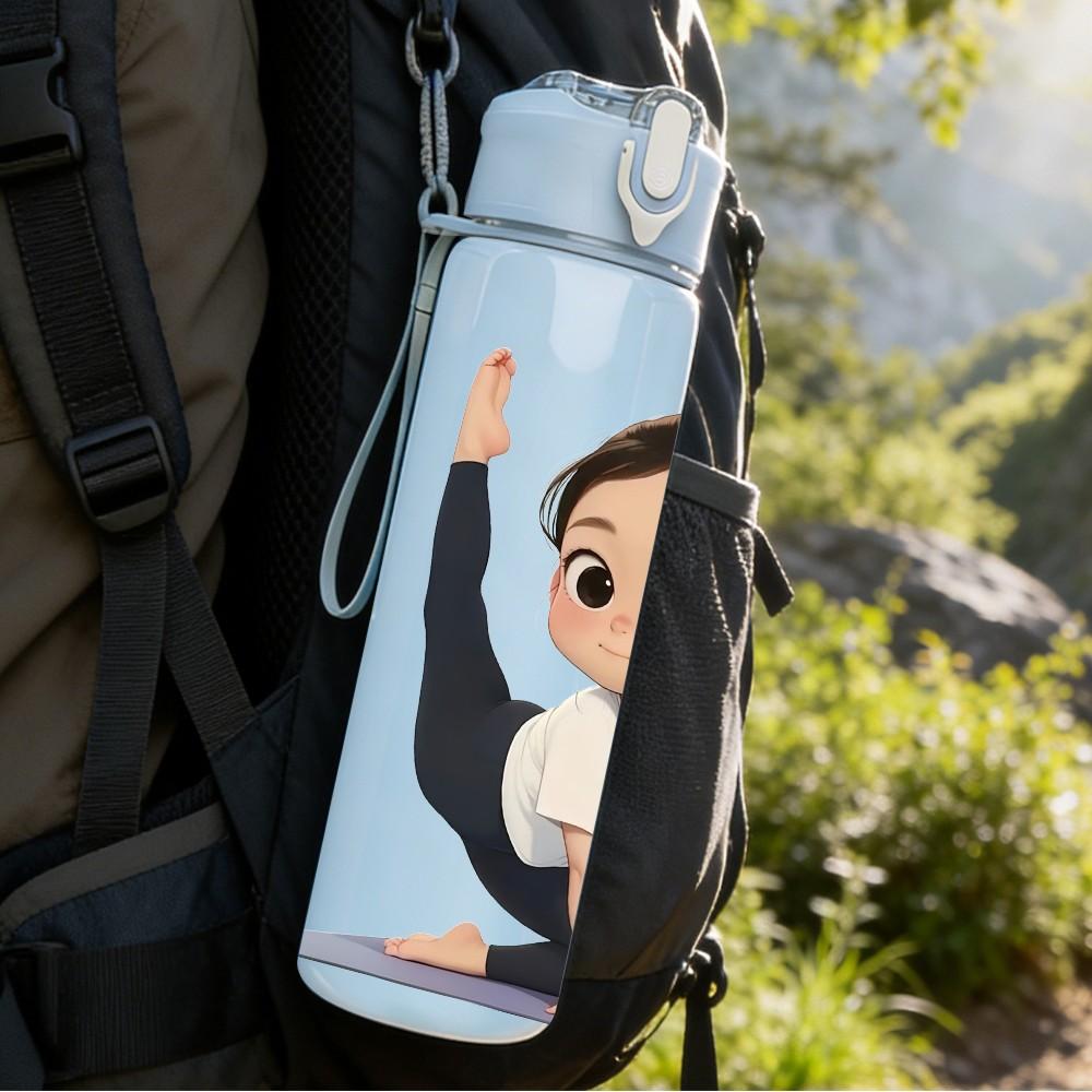 1PC Little Girl Stretch Yoga Pose Print 750ml Color Plastic Sports Water Bottle Leakproof Flip Straw Lid Suitable for Sports Office Home Use